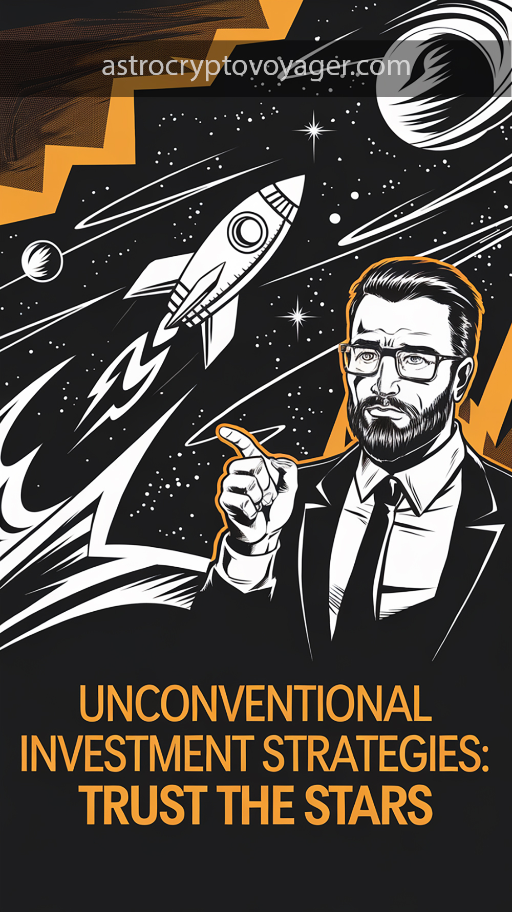 Comic book style, black and white with orange accents: Text on the image: "Unconventional Investment Strategies Trust the Stars"